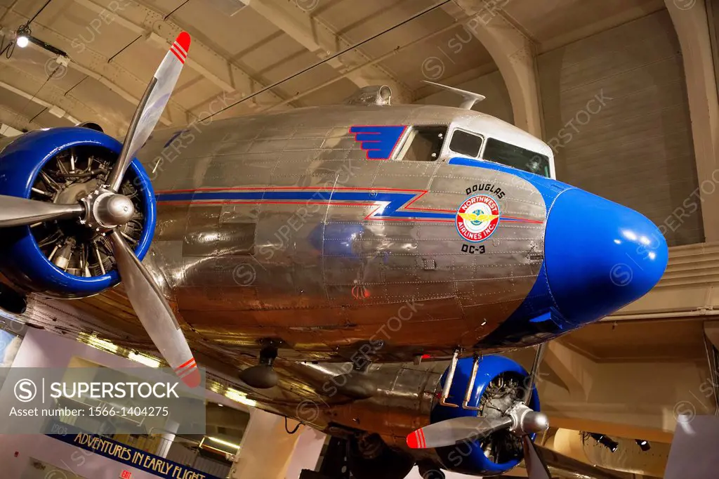Dearborn, Michigan - A Douglas DC-3 operated by Northwest Airlines on display at the Henry Ford Museum. The DC-3 was first produced in 1935; many are ...