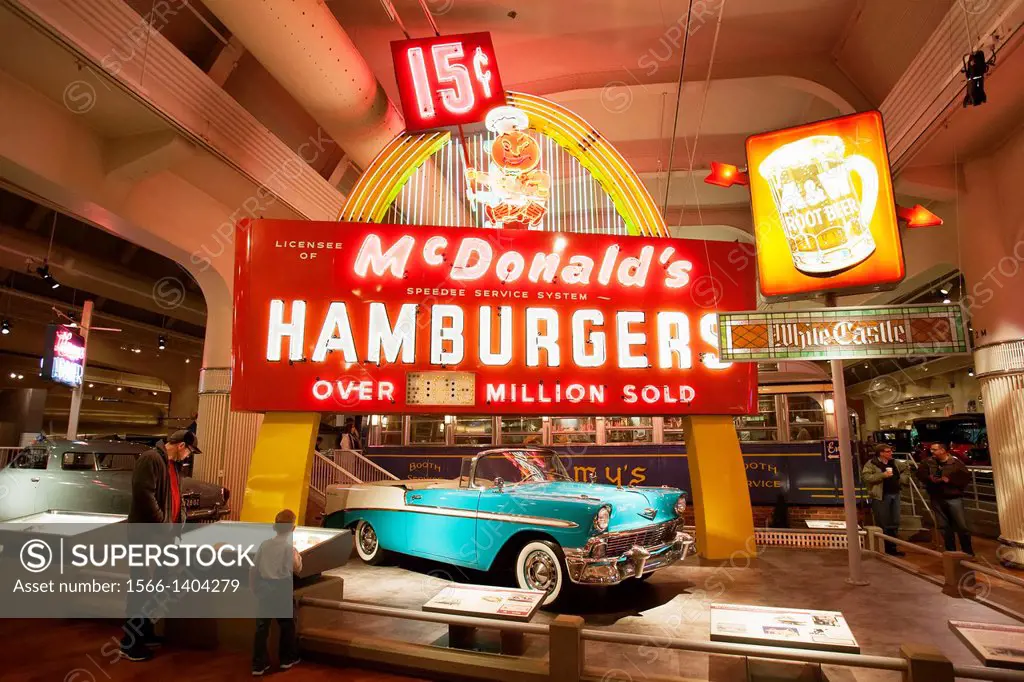 Dearborn, Michigan - A 1956 Chevrolet Bel Air convertible and a McDonald´s sign at the Henry Ford Museum.