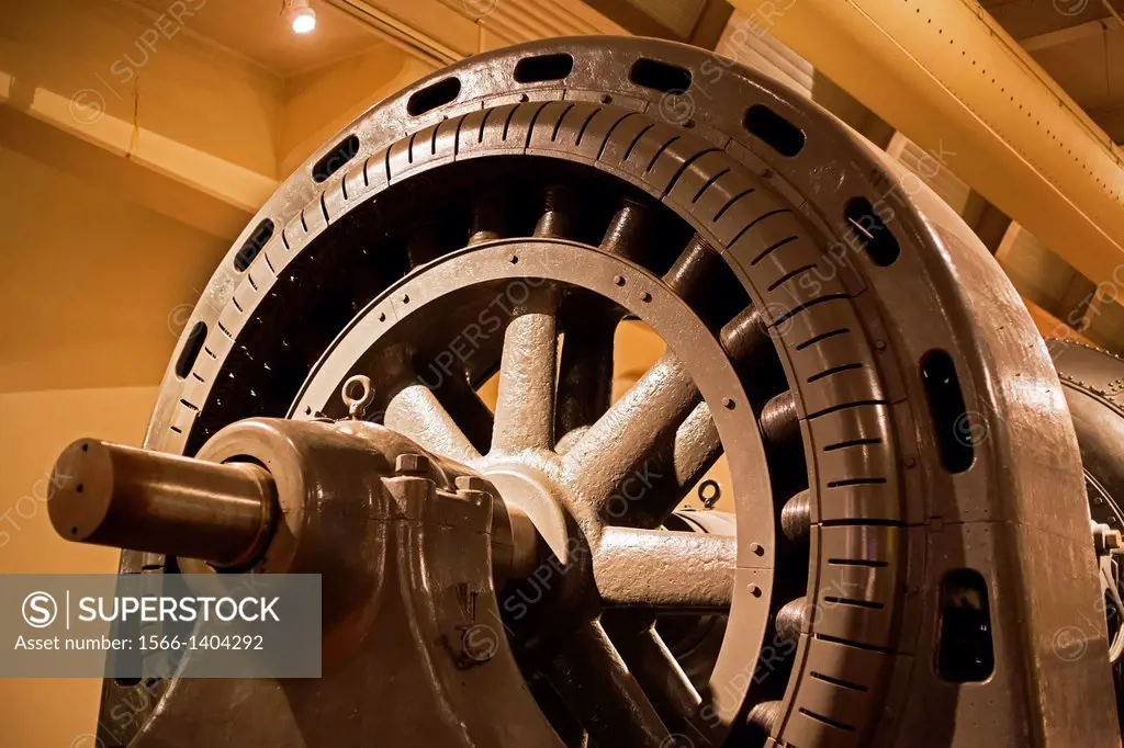 Dearborn, Michigan - Detail of a water turbine and electric generator on display at the Henry Ford Museum. The machine began operating in 1903 at the ...