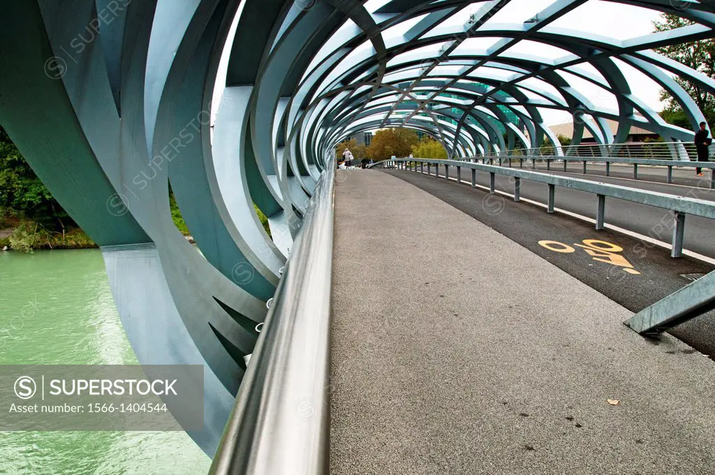 bridge crossing Arve river in Geneva named after Hans Wilsdorf, the founder of Rolex, bridge is called ´bird´s nest´ because of its interwoven girders...