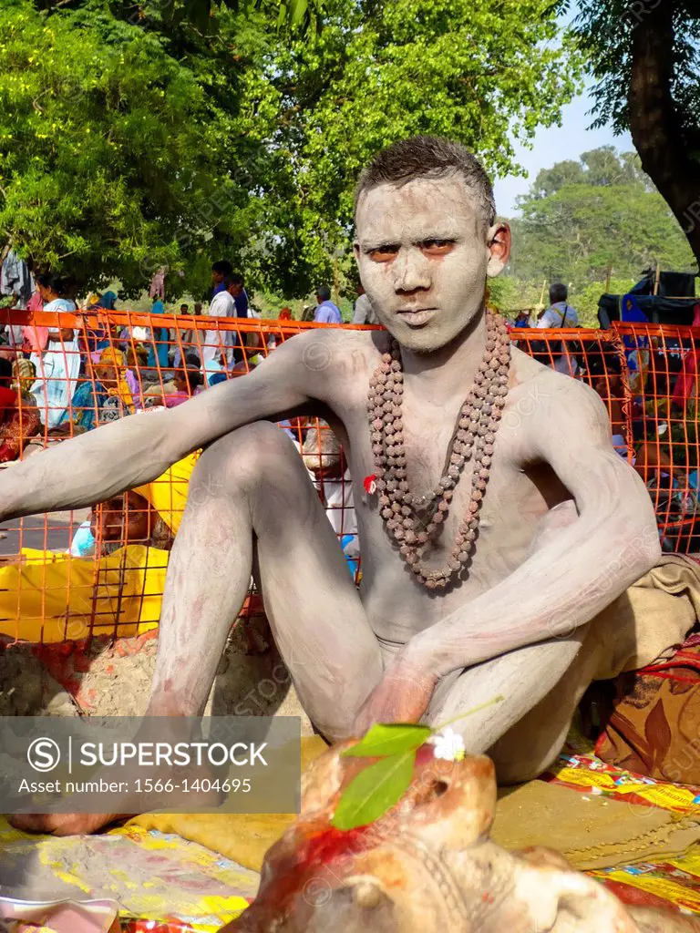 portrait of naked sadhu or naga sadhu in Rishikesh, India