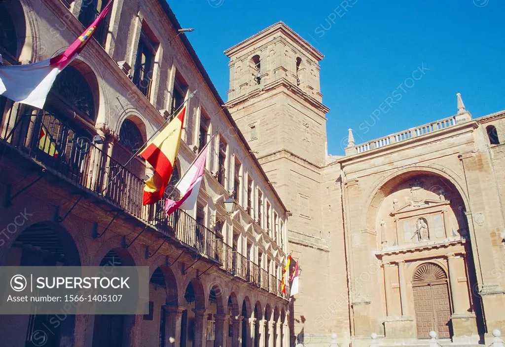 Town hall and San Andres church. Main Square, Villanueva de los Infantes, Ciudad Real province, Castilla La Mancha, Spain.