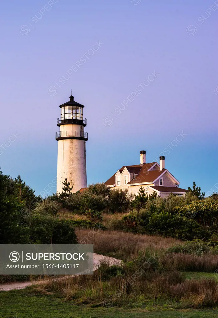 Rustic, weathered lighthouse, Highland Light, Truro, Cape Cod, Massachusetts, USA.