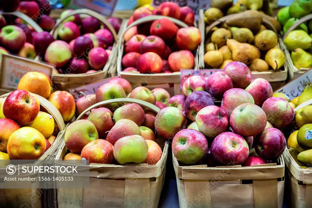 Varieties of fresh organic apples at a farmers market.