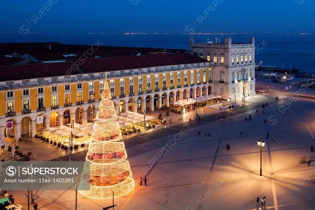Christmas Lights in the Praca do Comercio, Lisbon, Portugal, Europe.