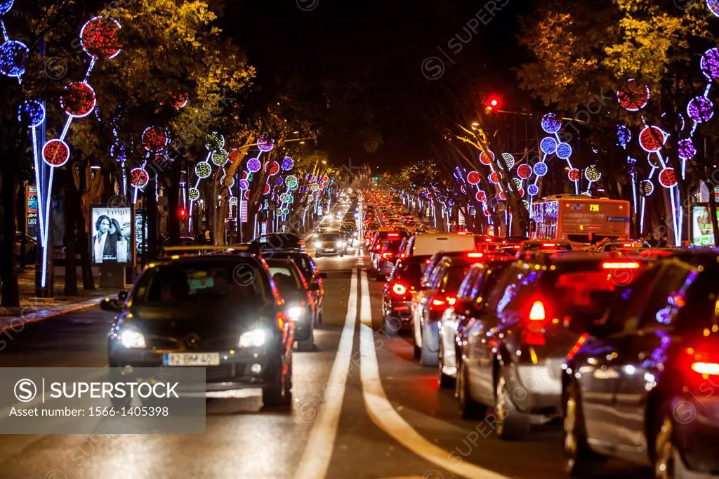 Christmas Lights in the Avenida da Liberdade, Lisbon, Portugal, Europe.