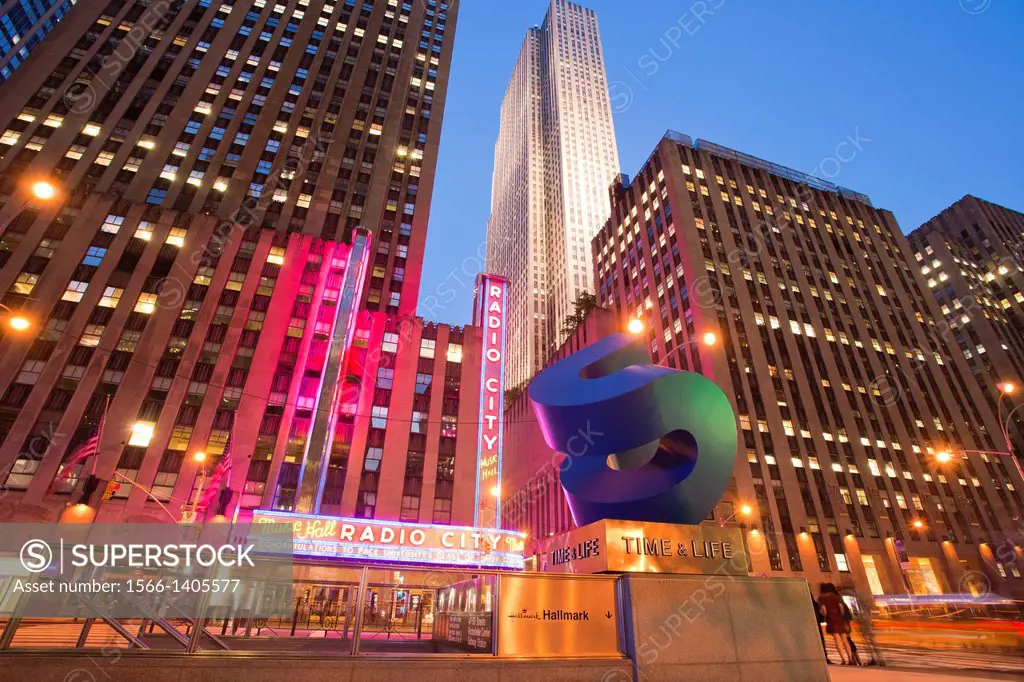 At right Curved Cube 1972 by William Crovello, outside the Time and Life Building, Radio City, Music Hall, Rockefeller Center, 6th Avenue, Avenue of t...