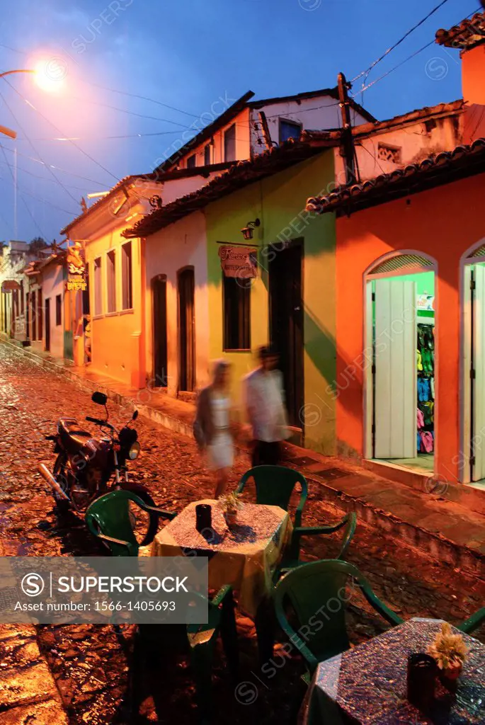 Brazil, Bahia, Lencois (Parque Nacional de Chapada Diamantina): Though hit by a thunder-storm the small shopping streets with all its restaurants and ...