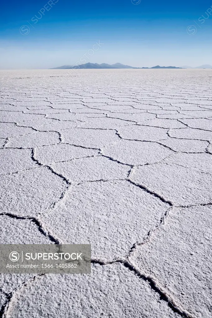 Hexagonal shaped salt flats, polygonal lines of raised salt created from evaporation in dry season, Salar de Uyuni, Bolivia, South America.