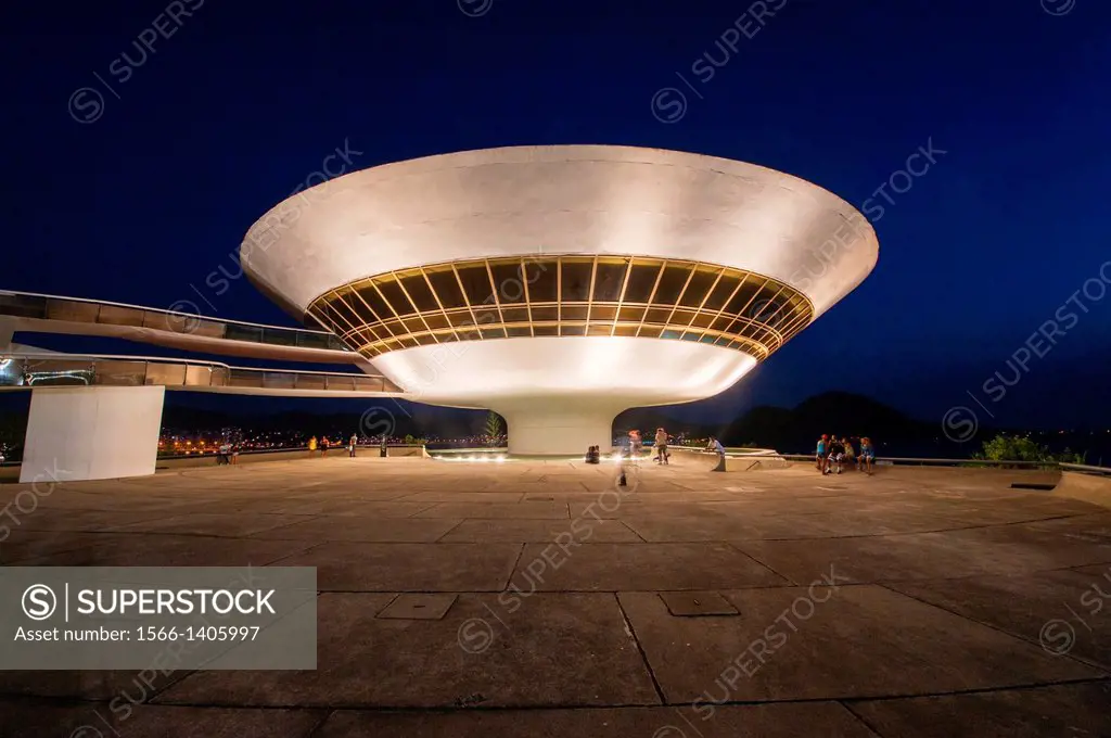 Niemeyer Museum of Contemporary Arts at night, Niteroi, Rio de Janeiro, Brazil.