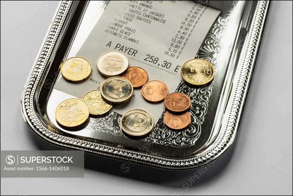 Restaurant till receipt with Euro coins on cash tray.