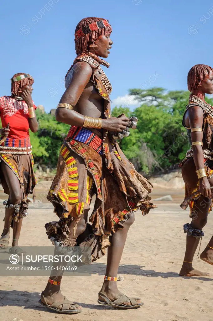 Women dancing during a bull jumping ceremony. A rite of passage from boys to men. Hamer tribe, Omo valley, Ethiopia.
