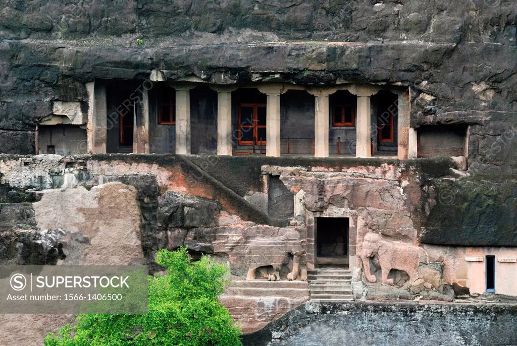 Cave 16: Façade - Long View. The Cave consists of a court, verandah, hall and sanctum. Ajanta Caves, Aurangabad, Maharashtra, India.
