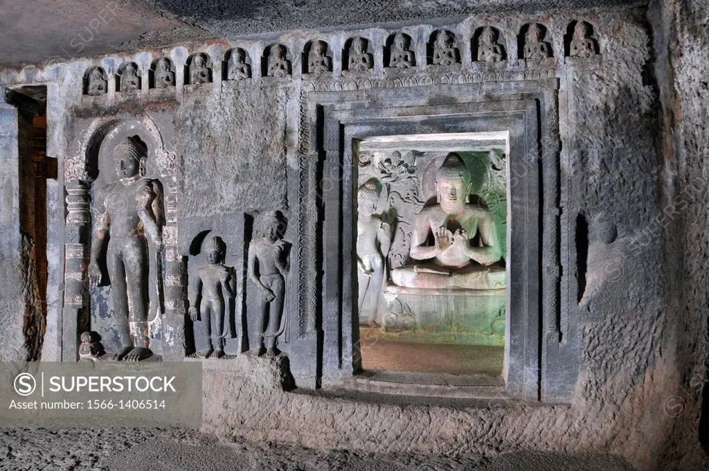 Cave 6 Upper : Buddha in Padmasana in shrine. Ajanta Caves, Aurangabad, Maharashtra, India.