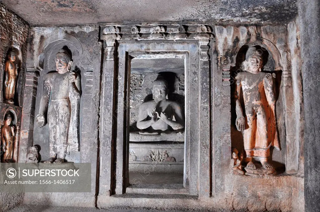 Cave 6 Upper: Sanctum - Buddha in Teaching Pose . Ajanta Caves, Aurangabad, Maharashtra, India.