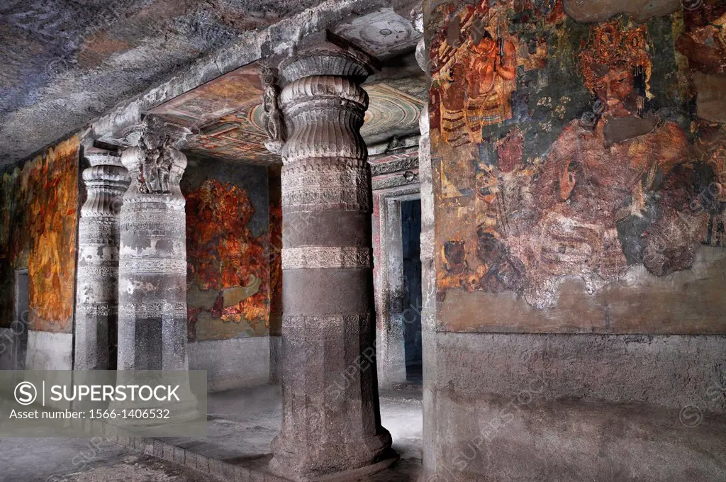Cave 1: Bodhisattva Vajrapani. Rear wall, right of shrine antechamber. Ajanta Caves, Aurangabad, Maharashtra, India.