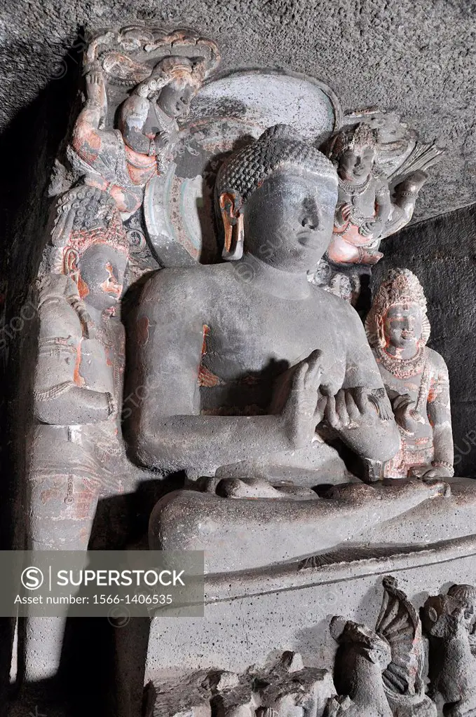 Cave 1 : Buddha seated in Padmasana. Side view. Ajanta Caves, Aurangabad, Maharashtra, India.