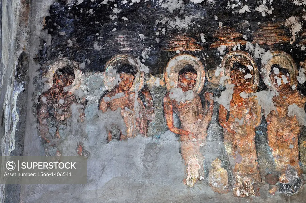 Cave 9: Paintings of six Buddhas on the right wall. Ajanta Caves, Aurangabad, Maharashtra, India.