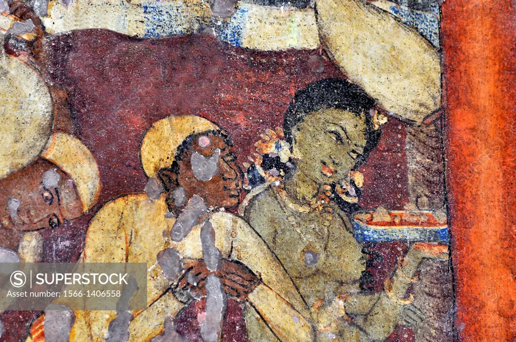 Cave 1 : Painting. Offerings to the ascetic and paying obeisance to him by several females. Ajanta Caves, Aurangabad, India.