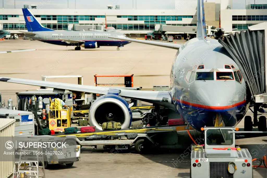 Airliner loaded and fueled at gate-Denver International Airport.