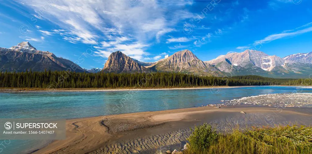 Panoramic view of the Athabasca River and the Canadian Rocky Mountains in the Jasper National Park, Alberta, Canada