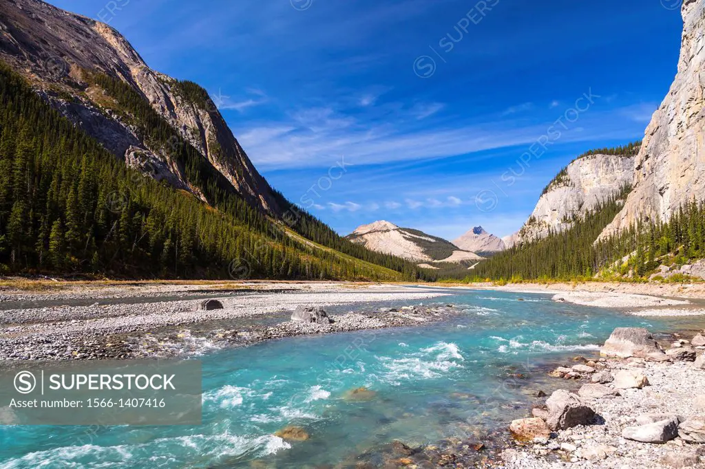 North Sasketchwan River and the Canadian Rocky Mountains in the Jasper National Park, Alberta, Canada