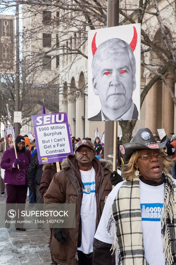 Detroit, Michigan - Hundreds of state of Michigan employees picketed the state office building to protest the state´s demand for cuts in their health ...