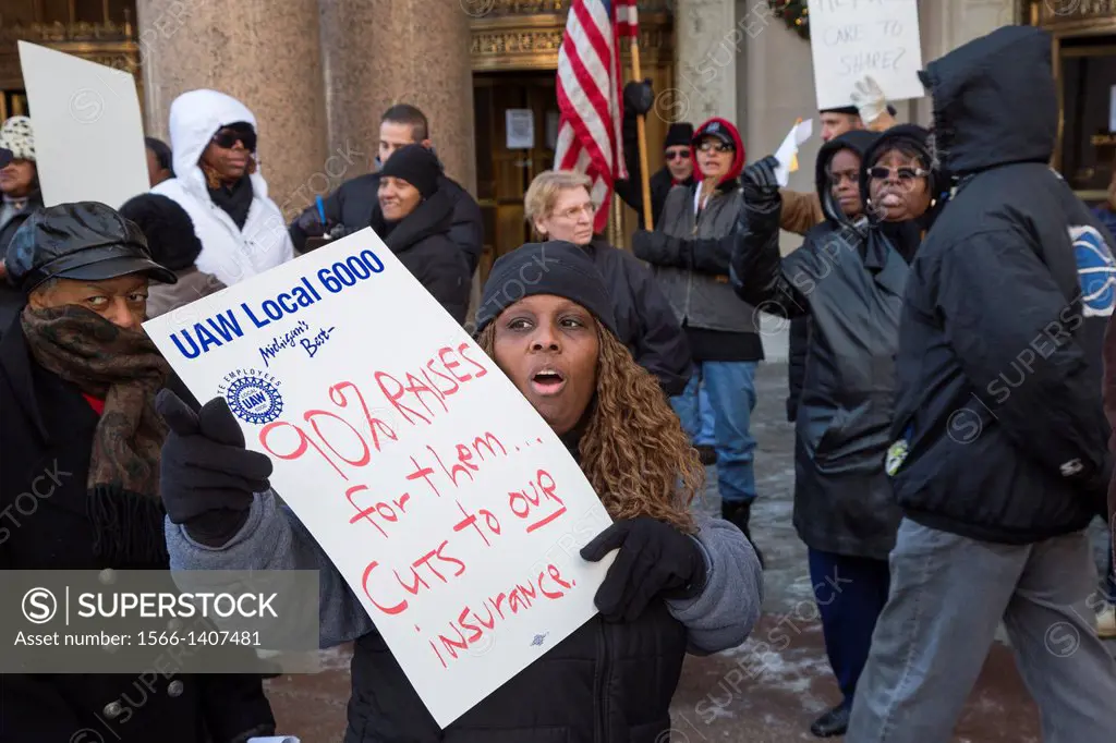 Detroit, Michigan - Hundreds of state of Michigan employees picketed the state office building to protest the state´s demand for cuts in their health ...