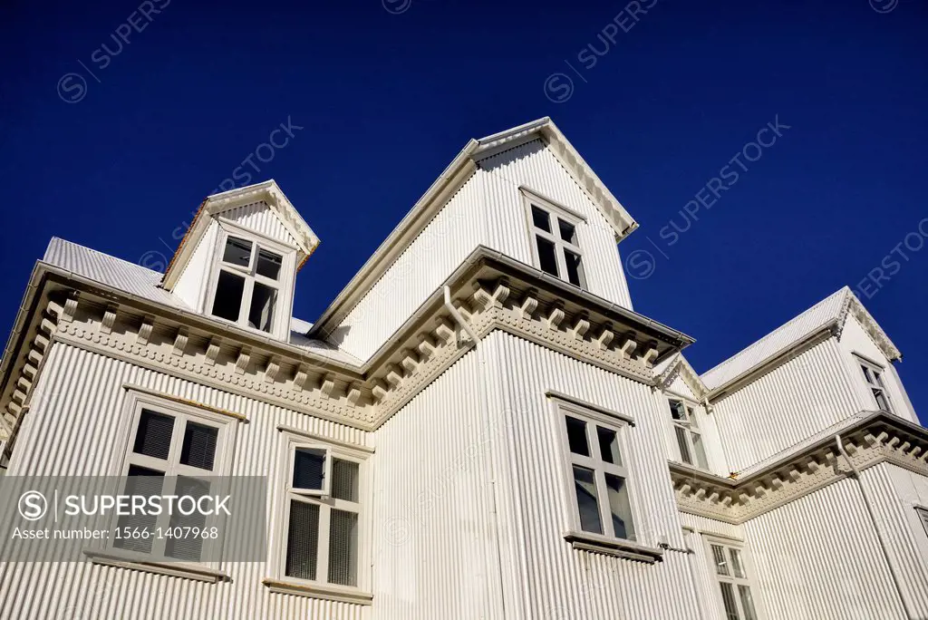 residential building against blue sky, Reykjavik, Iceland.