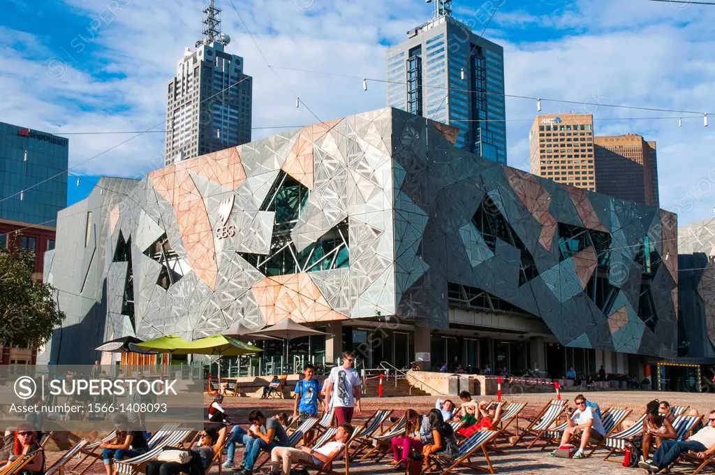 Federation Square, Melbourne on a summer evening.