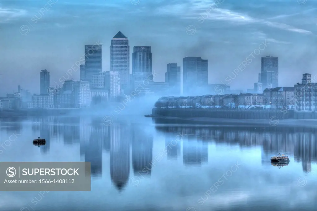 Canary Wharf Financial District Through The Fog, London, England.