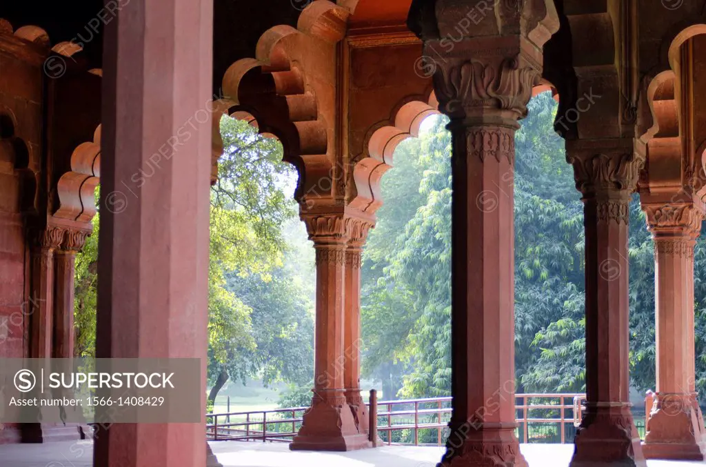 Carved pillars of Diwan-E-Aam, Built in Red stone, Red Fort Complex, Delhi, India.