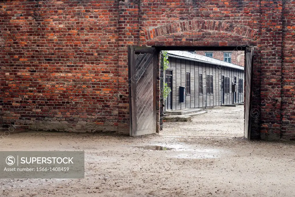 Barracks outside the bricked enclosure opposite the firing wall, Auschwitz concentration camp, Oswiecim, Poland, Europe.