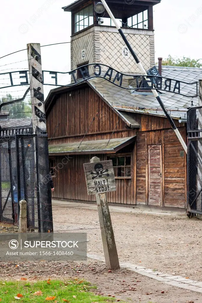 Main gate at Auschwitz concentration camp, Oswiecim, Poland, Europe.