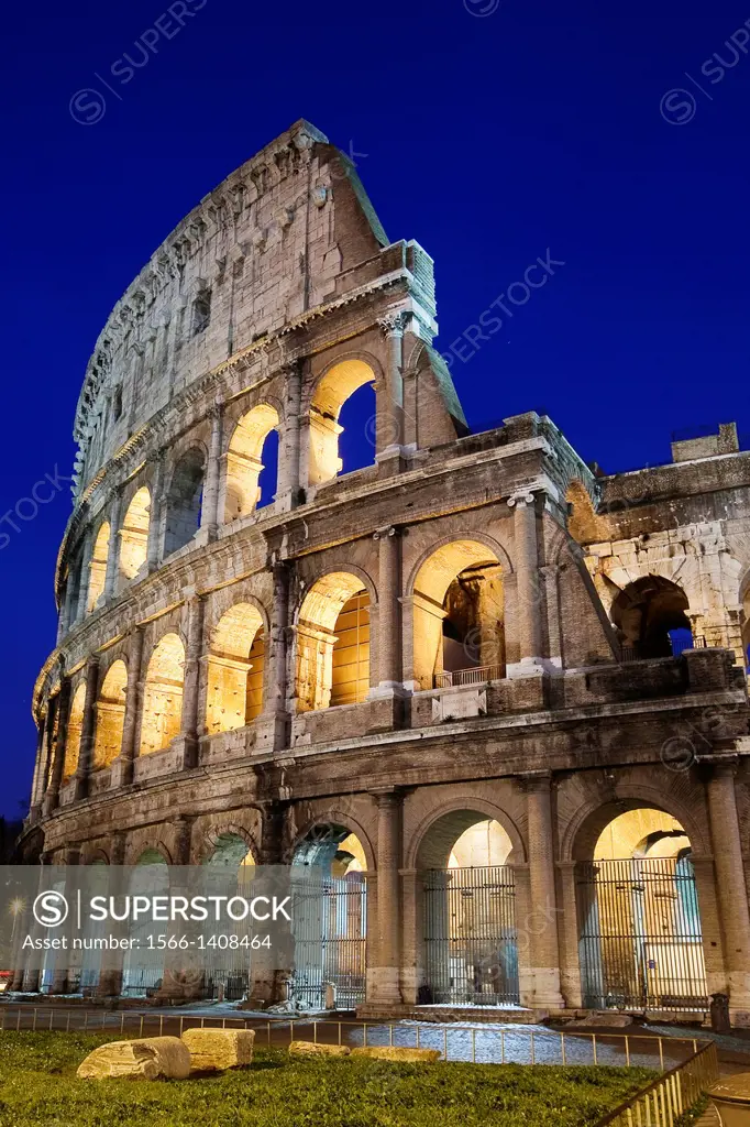 The Roman Colosseum and car light-trails, Rome, Lazio, Italy, Europe.