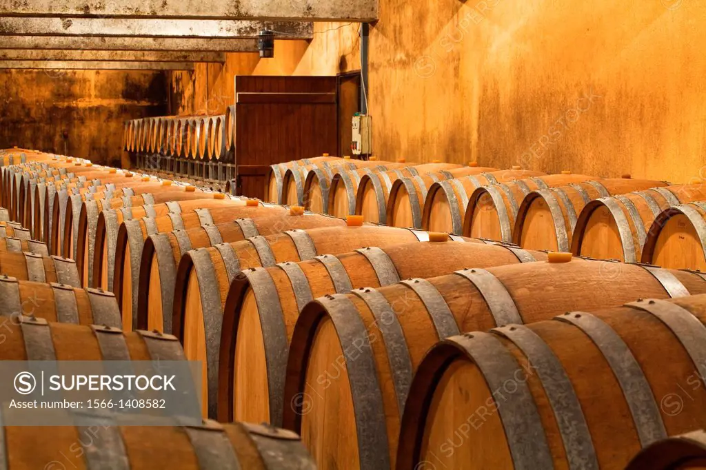 The wooden wine barrels used to age the wine at a winery in Sancerre.