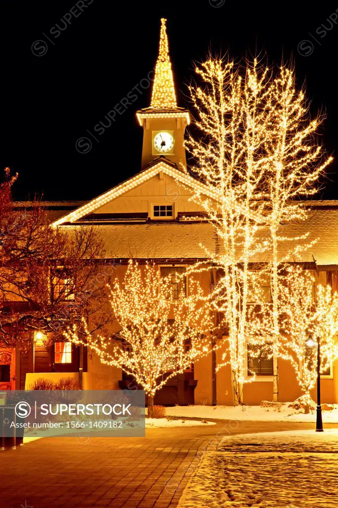 Sun Valley, Sun Valley Village and Inn with Christmas lights in the cities of Sun Valley and Ketchum in central Idaho.