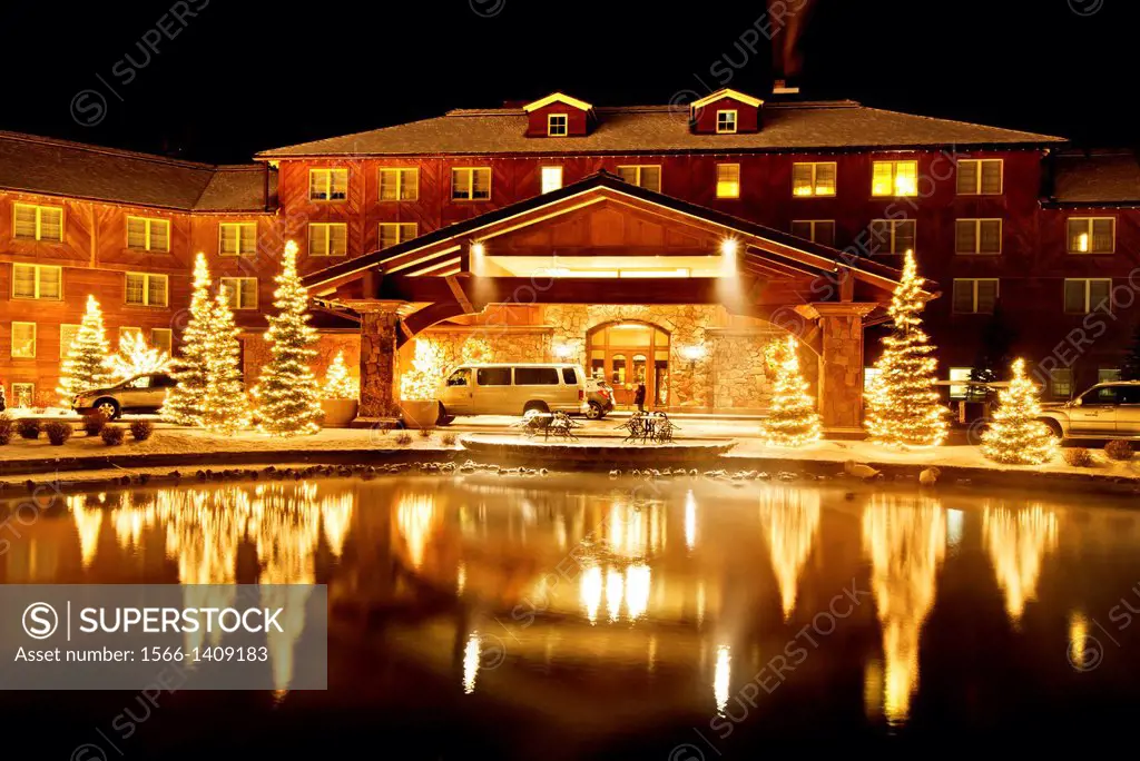 Sun Valley, Sun Valley Lodge with Christmas lights in the cities of Sun Valley and Ketchum in central Idaho.