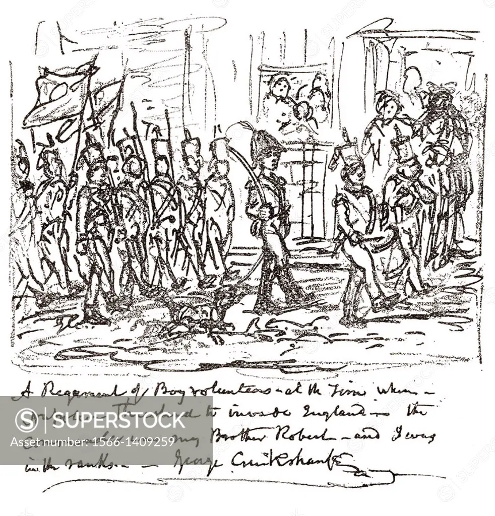 Sketch in pen and ink by George Cruikshank depicting his brother Robert heading a boy regiment, with himself in the front rank. Many of these boy regi...