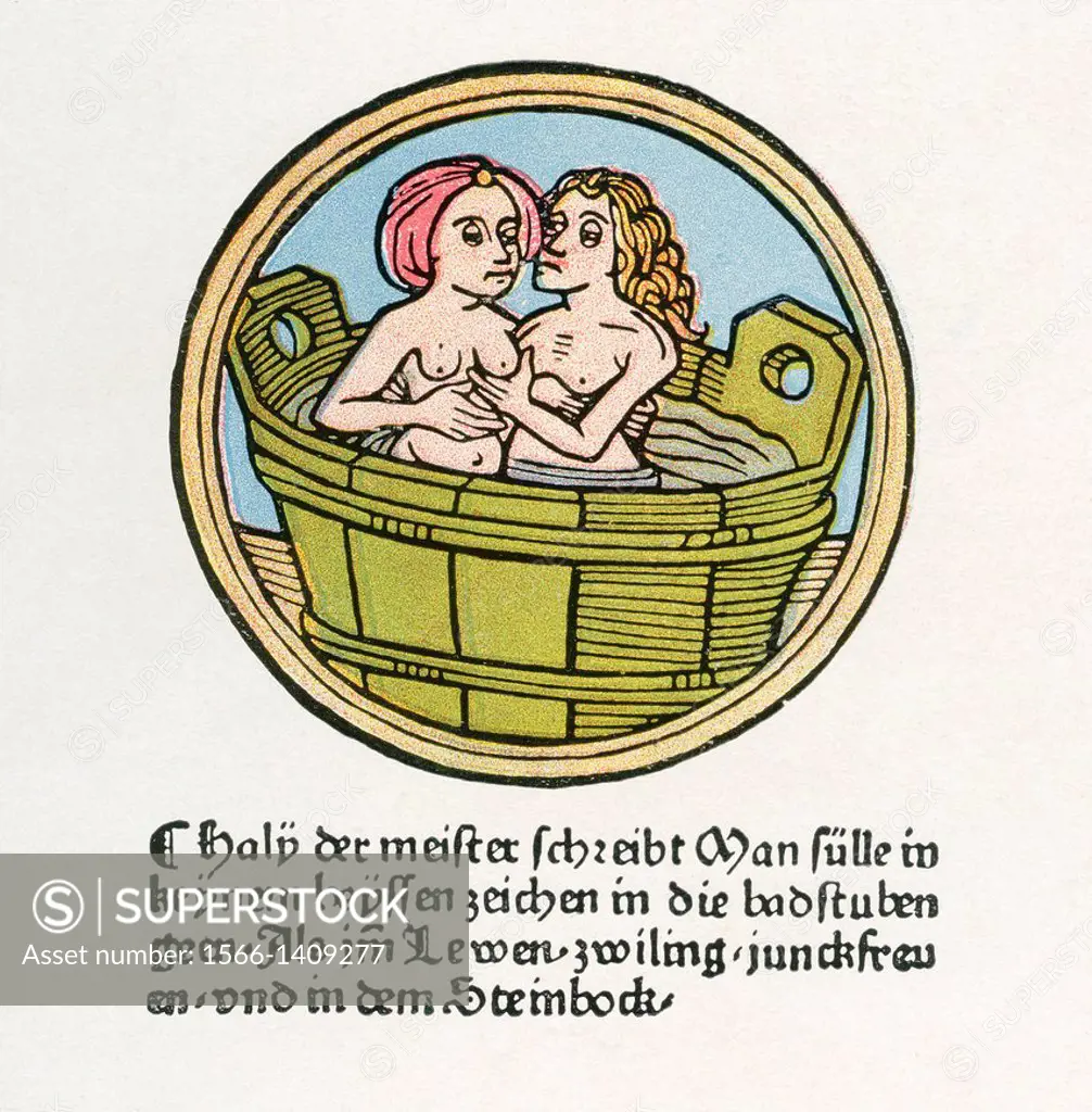 Bathing scene from the middle ages. From Illustrierte Sittengeschichte vom Mittelalter bis zur Gegenwart by Eduard Fuchs, published 1909.
