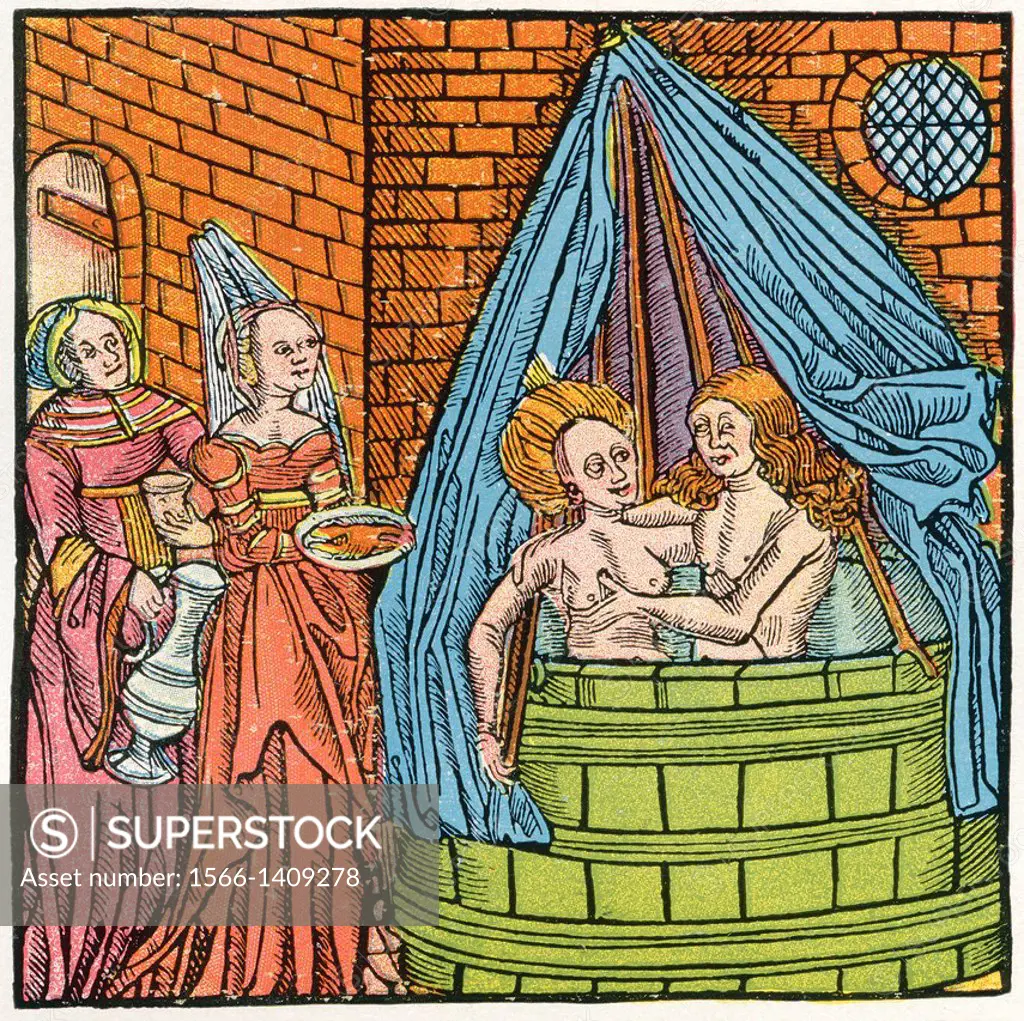Bathing scene from the middle ages. From Illustrierte Sittengeschichte vom Mittelalter bis zur Gegenwart by Eduard Fuchs, published 1909.