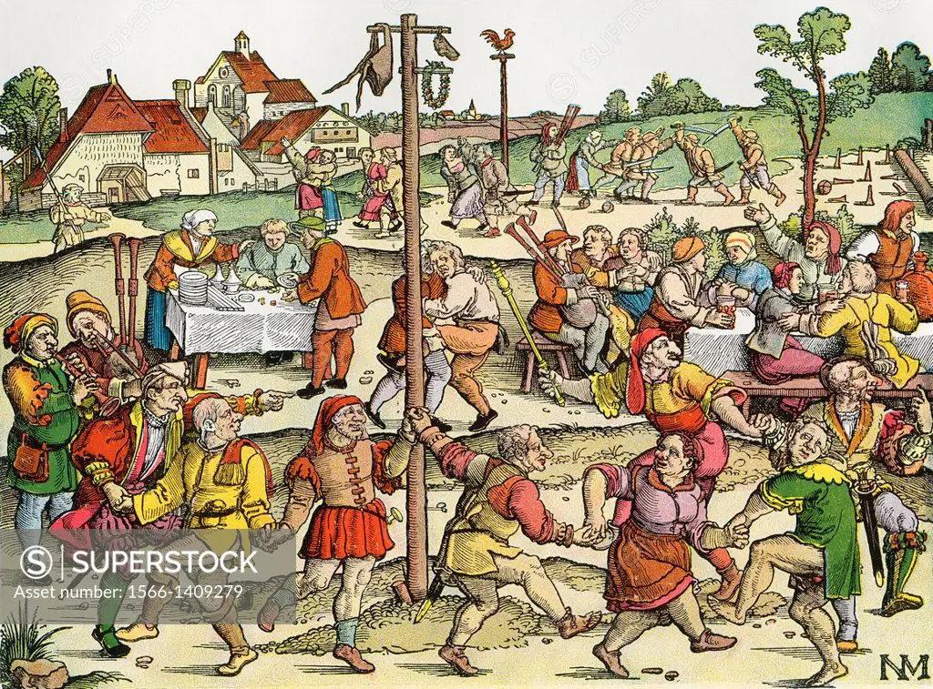 The Nose Dance, after a 16th century woodcut by Nikolaus Meldemann. A rural German dance festival from the middle ages. Prizes suspended from a pole a...