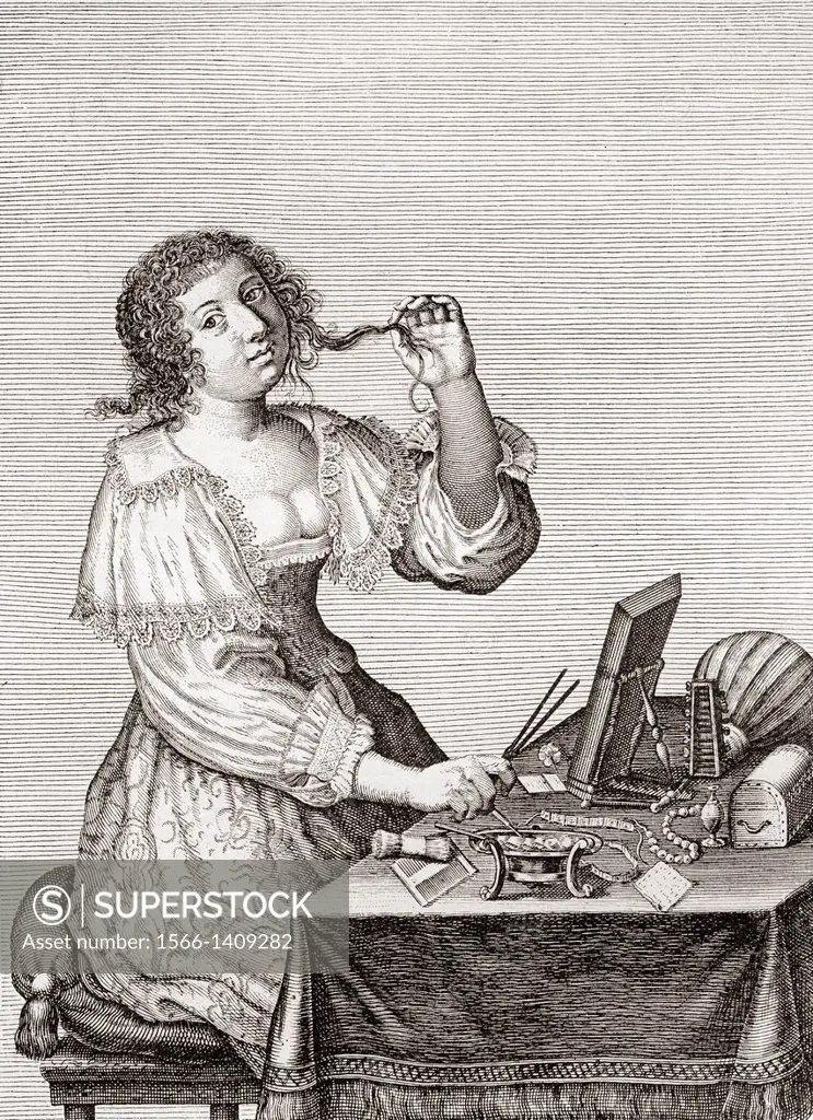 A lady at her toilette, after a French 17th century engraving by Le Blond. From Illustrierte Sittengeschichte vom Mittelalter bis zur Gegenwart by Edu...