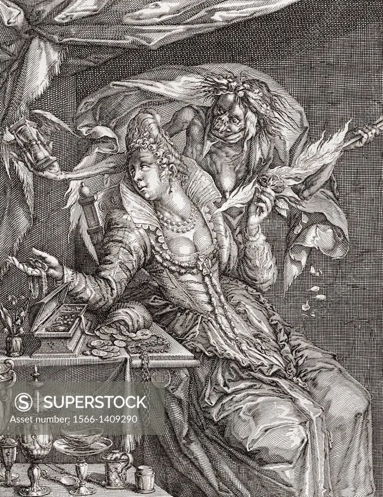 Vanitas with death and a maiden, after Jacob De Gheyn. From Illustrierte Sittengeschichte vom Mittelalter bis zur Gegenwart by Eduard Fuchs, published...