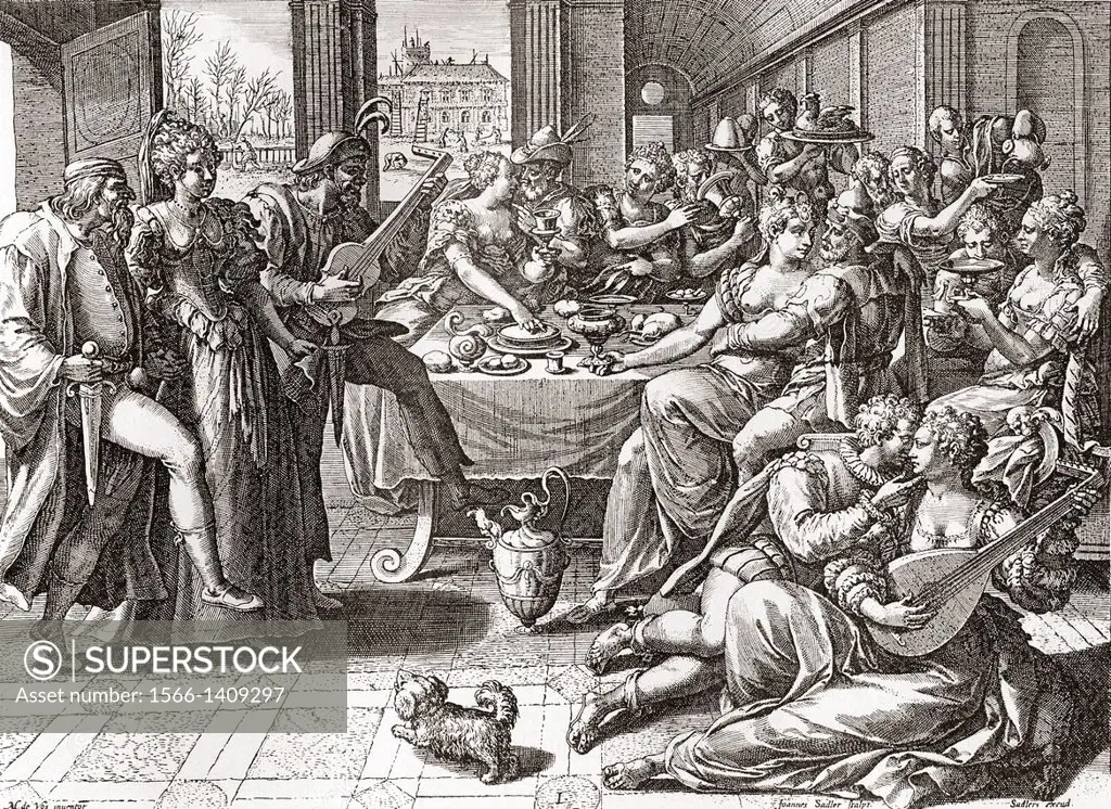 Debauchery and licentiousness in the 16th century, after the painting by Marten de Vos. From Illustrierte Sittengeschichte vom Mittelalter bis zur Geg...