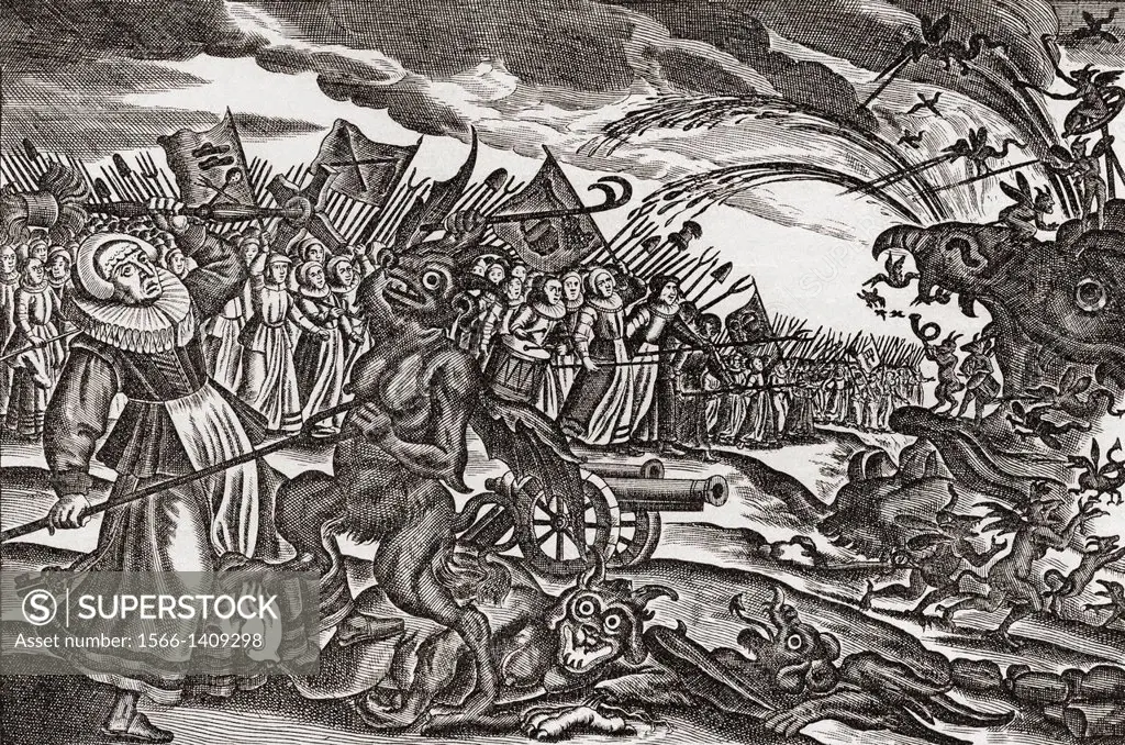 From a 17th century German satirical pamphlet on bad women. An army of women appear to be confronting an army of monsters led by a devil like creature...