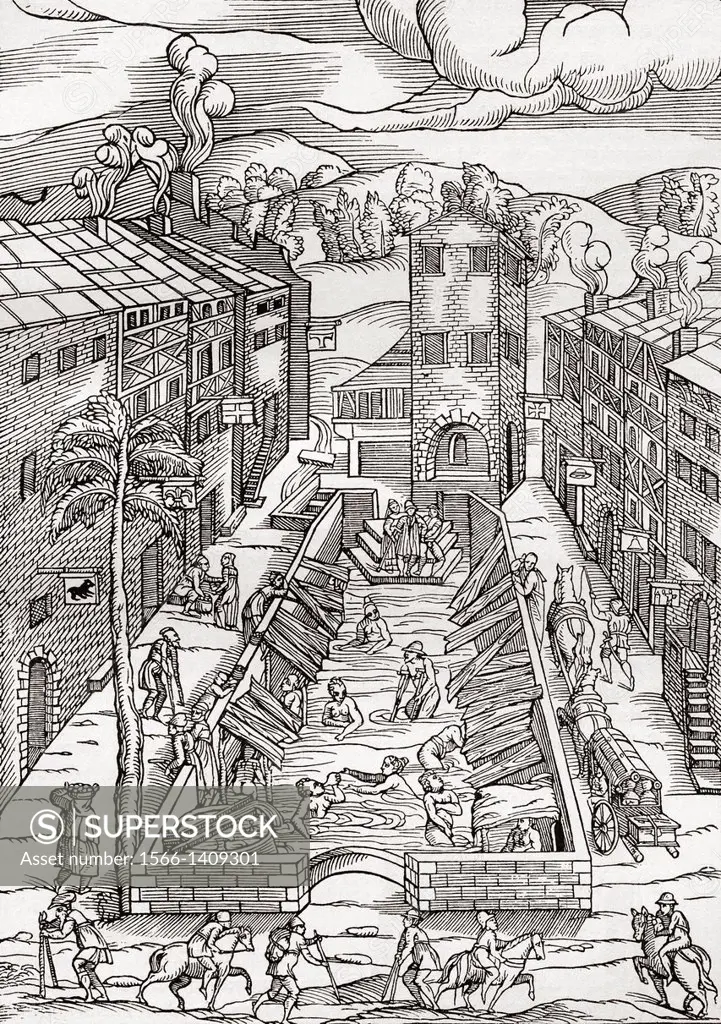 The common spa of the poor and infirm in Plombiere, France. After the woodcut by Thomas Guinta De Balneis in 1553. From Illustrierte Sittengeschichte ...