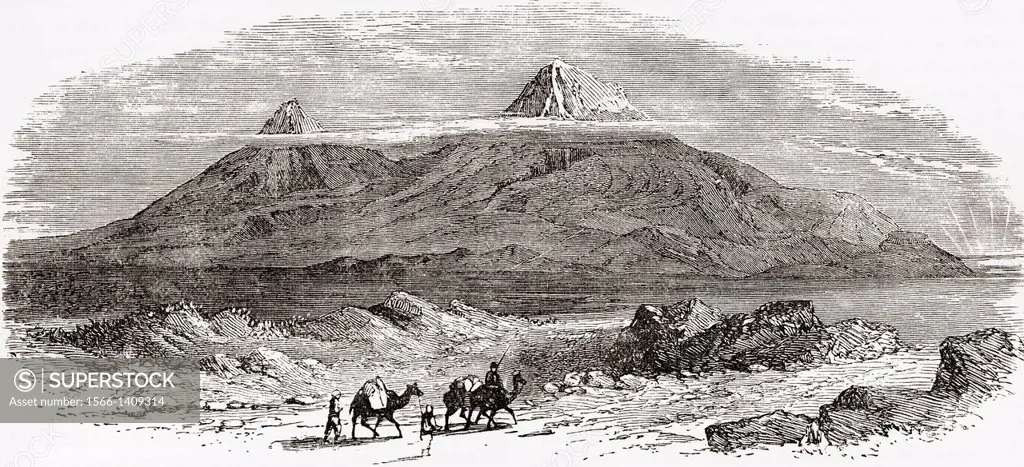 Mount Ararat, Turkey seen from the plain of Erivan or Yerevan, Armenia, after a painting by J. Baillie Fraser. From The Imperial Bible Dictionary, pub...