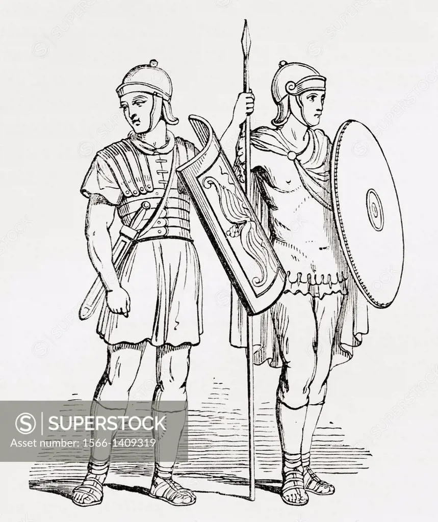 Roman infantry soldiers, after figures on Trajan´s Column. From The Imperial Bible Dictionary, published 1889.
