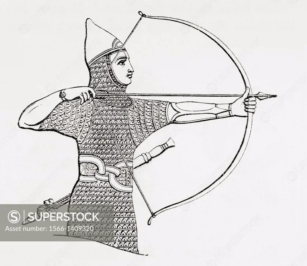 Assyrian archer wearing a cuirass. From The Imperial Bible Dictionary, published 1889.